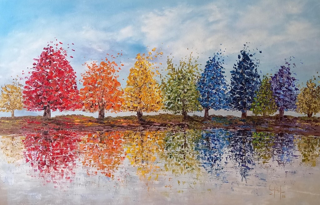 oil painting of trees reflected in water, used to help with meditation to balance chakra's.